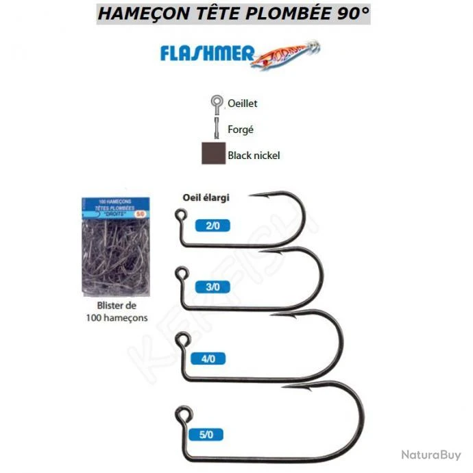 HAMECONS DROITS TÊTE PLOMBÉE 90° FLASHMER 5/0 1 HAMECONS DROITS TÊTE PLOMBÉE 90° FLASHMER 5/0